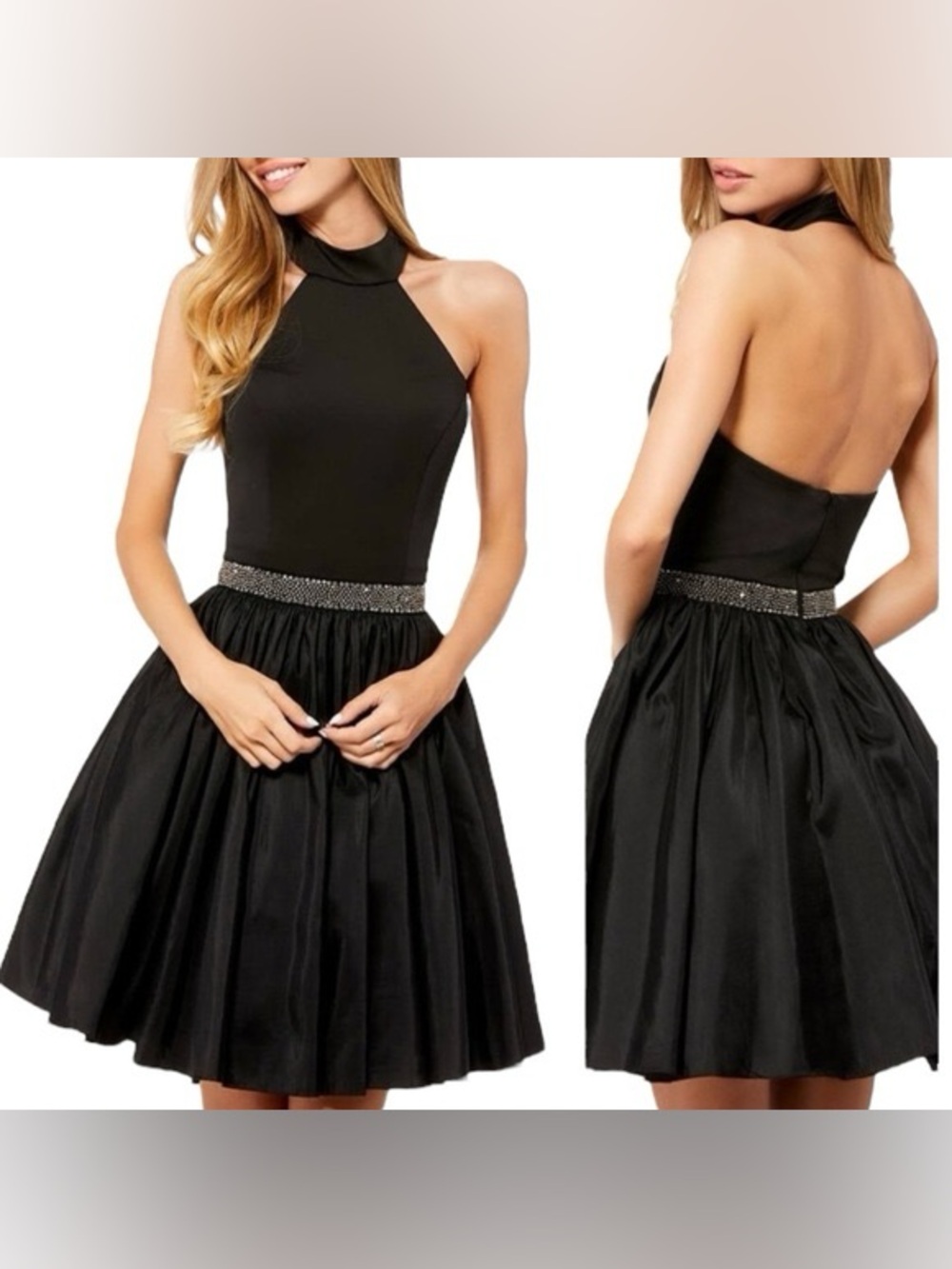 ✨ Sherri Hill Beaded Waist Halter Taffeta Dress with Pockets ✨